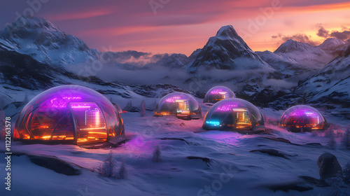 Alaska reimagined in a futuristic world, with glowing biodomes amidst snow-covered tundra and neon-lit mountains. Tundra. Illustration photo