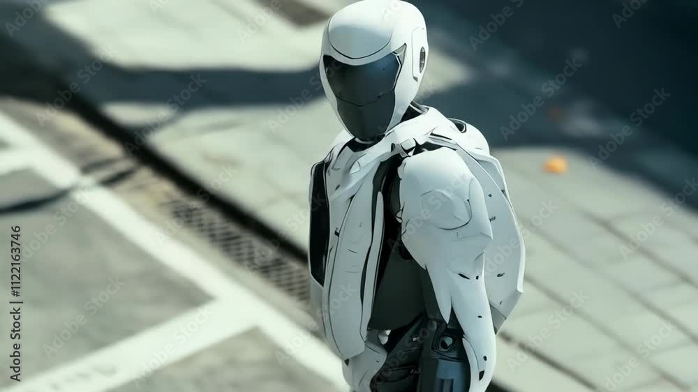 Ai robot with city street background. Future AI technology, Artificial intelligence concept. Robotics and futuristic cybernetic systems.