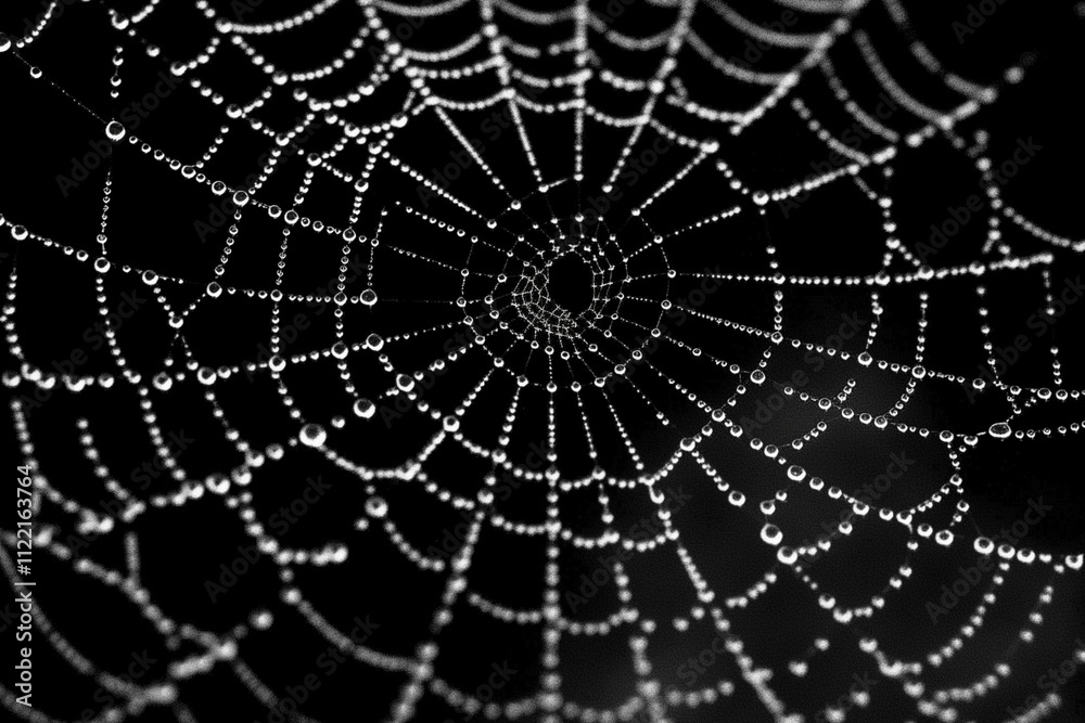 Fototapeta premium A spiderweb with dewdrops. Monochrome black and white macro photo.