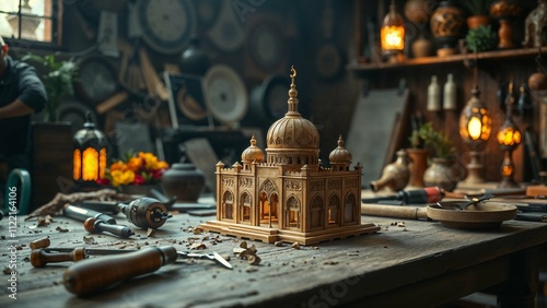 An elegantly crafted wooden mosque model displayed in an artisan’s workshop, accompanied by a variety of woodworking tools illustrating creative craftsmanship. photo