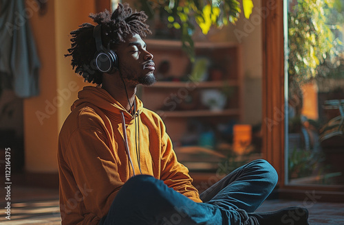 Young Black man sitting on the floor of a cozy room, headphones on, eyes closed, listening to calming music, radiating serenity.