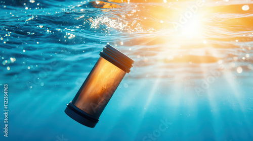 high tech plastic pollution detector floats in clear water, illuminated by sunlight. This innovative device highlights importance of monitoring ocean health and combating pollution photo