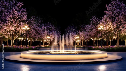 Circular fountain surrounded by flowering trees and illuminated by warm lights, creating a serene and inviting atmosphere