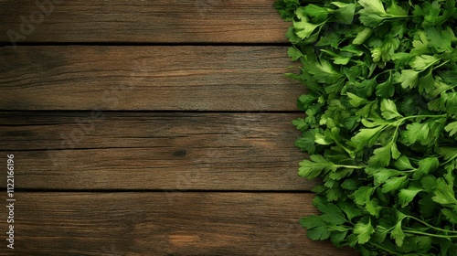 Close-up of fresh parsley leaves on a wooden background