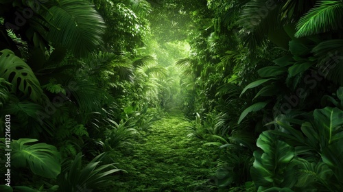 A lush, sun-dappled path winds through a dense, verdant jungle