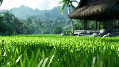 Lush green field of rice with a thatched hut in the background, surrounded by palm trees and mountains in the distance