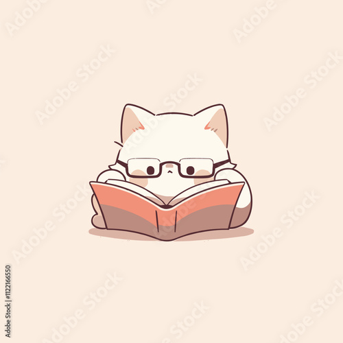 Adorable Cat with Glasses Reading a Book in Pastel Illustration. Cute Cat Vector.