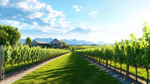 A scenic vineyard stretches towards a picturesque mountain range under a bright blue sky
