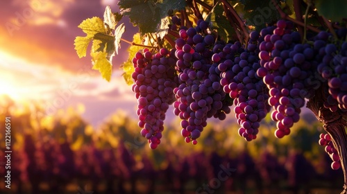 Beautiful vineyard at sunset, with ripe red grapes hanging from the vines