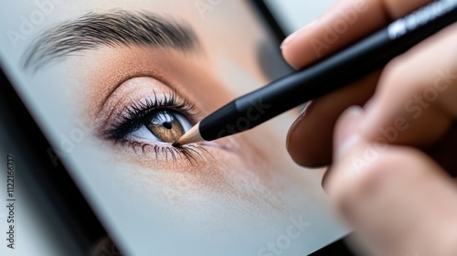 Person is applying eyeliner to their eye with a precision tip, creating a detailed and artistic makeup application