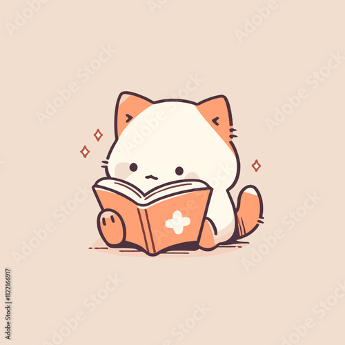 Adorable Cartoon Cat Reading a Book with Cute Charm. Cute Cat Vector.