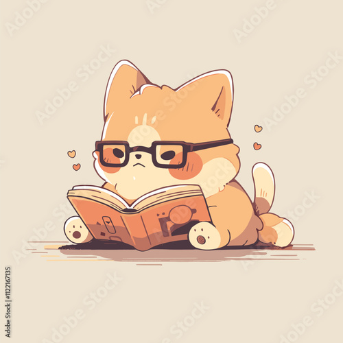 Adorable Cartoon Dog Reading Book with Glasses and Hearts. Cute Cat Vector.