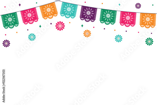 Cinco de Mayo background with colorful paper papel picado flags. Vector template with copy space for banner, poster, card, invitation.