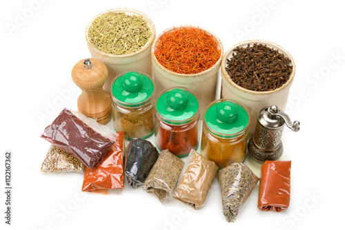 Collection dry spices isolated on white background photo