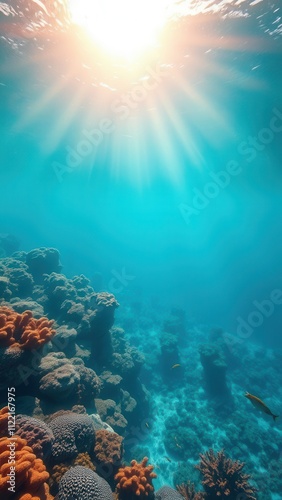 Wallpaper Mural Crystal clear ocean waters revealing coral reef below with sunbeams shining through, wildlife, ocean floor, ecosystem, biodiversity, colorful Torontodigital.ca