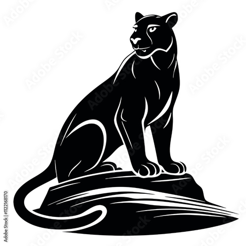 Majestic Panther Silhouette: A powerful black panther sits regally on a rock, its silhouette conveying strength, grace, and wildness.  Perfect for logo designs, branding, or wildlife themes.