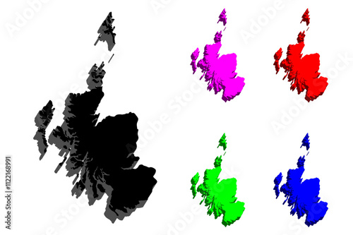 3D map of Scotland (Alba) - black, red, purple, blue and green - vector illustration