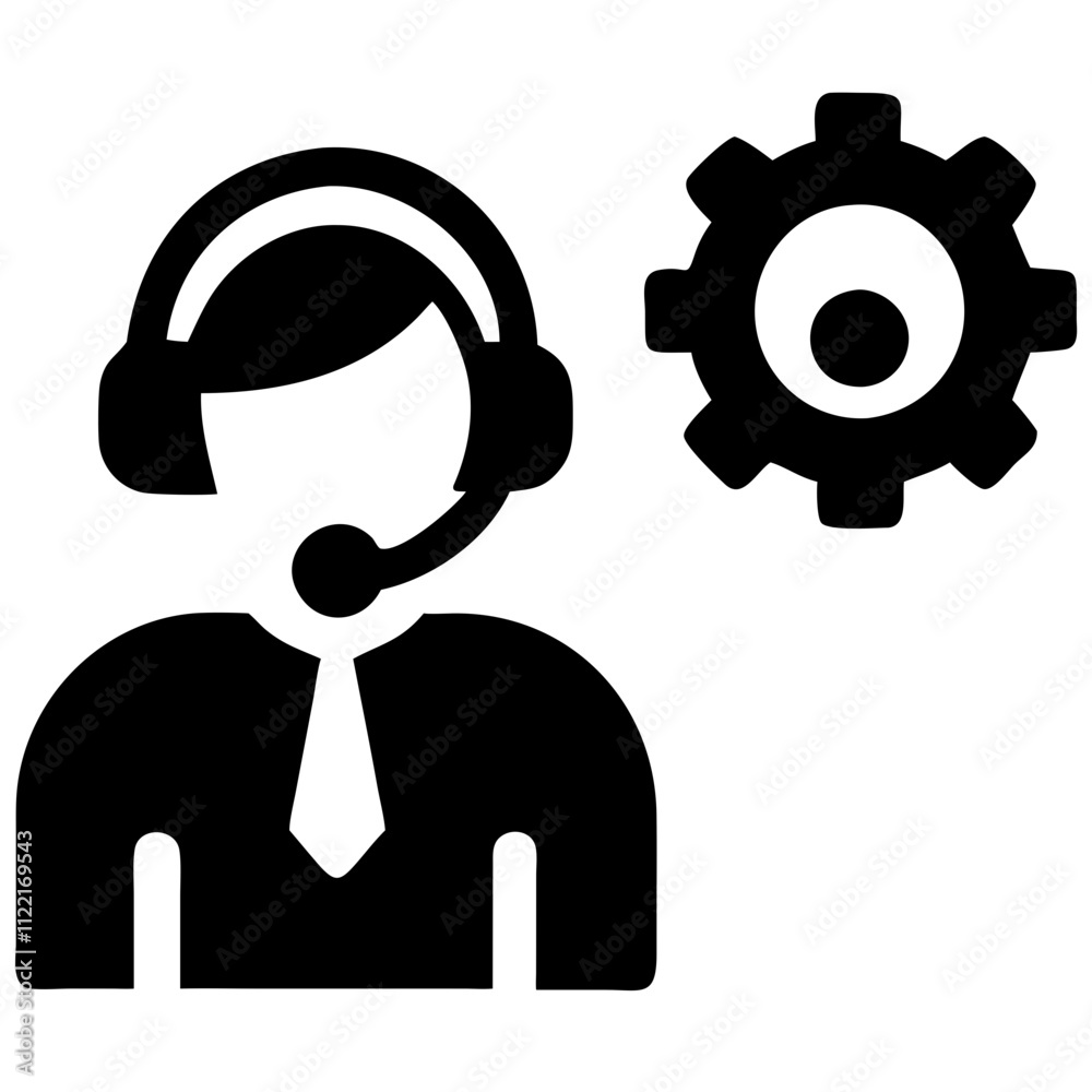 Business customer support icon, service representative with headset and gear, minimalistic design, black and white colors Business customer support icon, service representative with headset and gear, minimalistic design, black and white colors