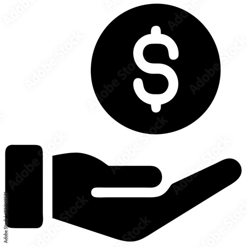 Business finance icon, money transaction with hand, minimalistic design, black and white colors