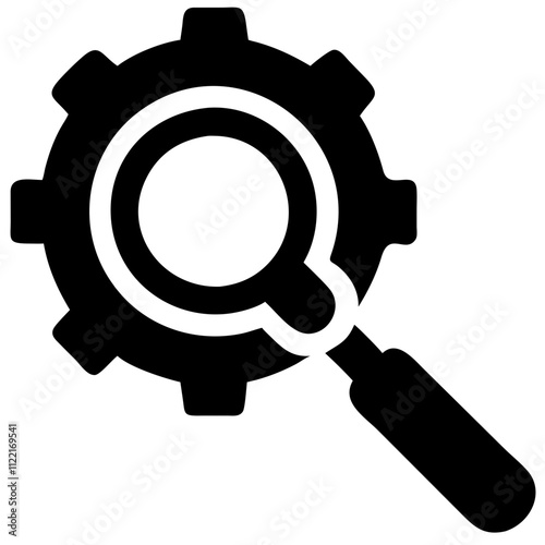 Business diagnostics and analytics icon, magnifying glass over gear, minimalistic design, black and white colors