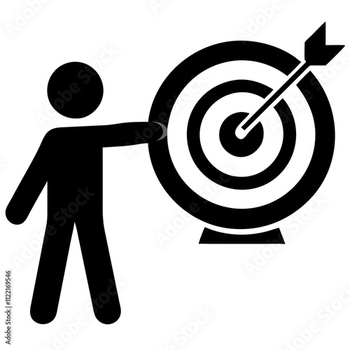 Business target achievement icon, person hitting bullseye, minimalistic design, black and white colors