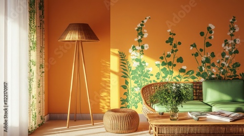 A retro living room with orange walls and green floral decals, complemented by a wooden floor lamp on a wicker coffee table. photo