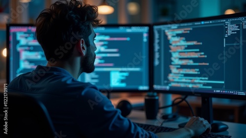 The image shows a man sitting at a desk in front of two computer monitors. He is wearing a dark blue shirt and has a beard. The monitors are displaying programming code in blue and pink colors.