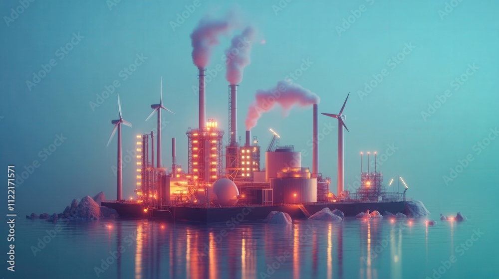 Obraz premium Industrial Island Complex Featuring Wind Turbines and Smokestacks