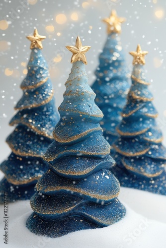 Blue fluffy Christmas trees on a white background, Christmas tree, festive atmosphere