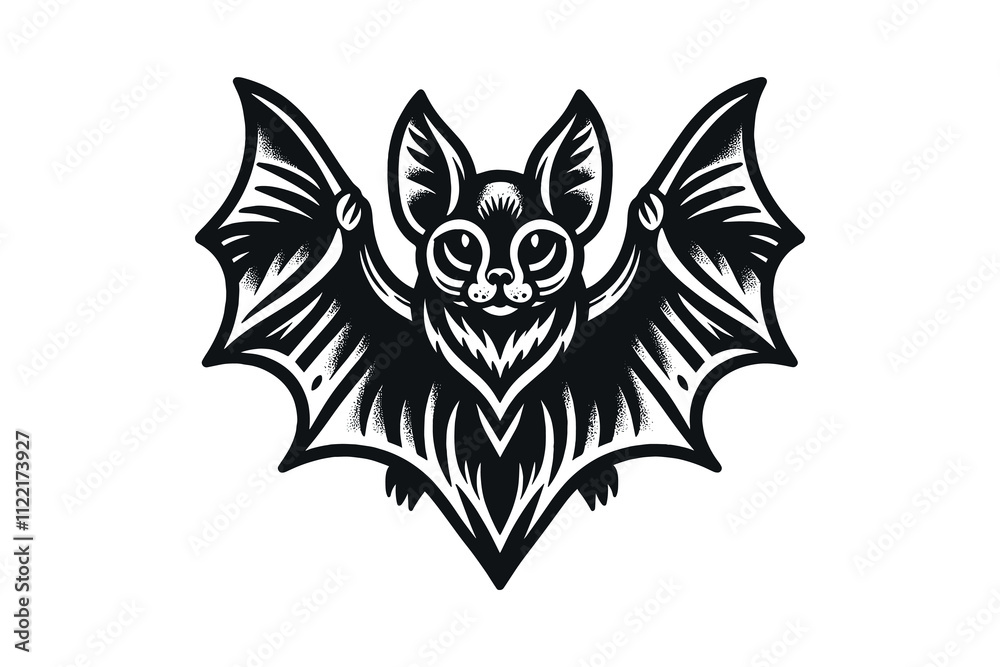Fototapeta premium unny bat, black and white symmetrical illustration in vintage tattoo style
