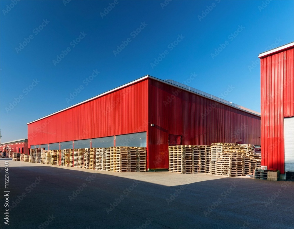 Obraz premium red warehouses lined with wooden pallets under a clear blue sky in an industrial area