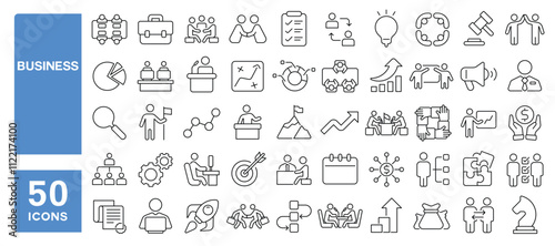 Set of 50 line icons related to business, office, workshop, meeting, plan, finance, idea, marketing, strategy, employee, Editable stroke. Vector illustration