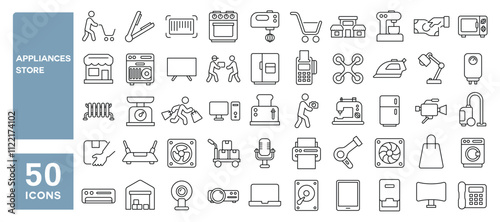 Set of 50 line icons related to appliances store, household, tv, stove, vacuum, technology, machine, electronics, Editable stroke. Vector illustration