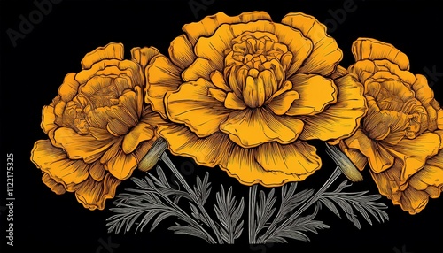 bloom marigold hand drawn yellow petals annual perennial tagetes french bloom marigold  sketch isolated black illustration