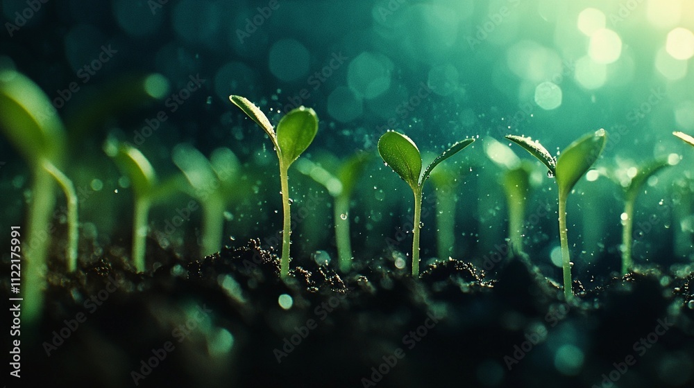 Young green plants emerging from dark soil, symbolizing new life, agricultural innovation, and eco-conscious farming. Young green plants emerging from dark soil, symbolizing new life, agricultural innovation, and eco-conscious farming.