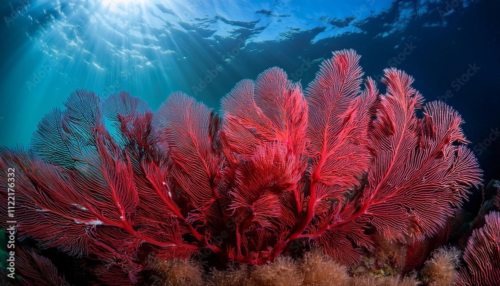 Obraz premium a close up view of vibrant red algae with delicate fronds showcasing the beauty and intricacy of underwater life the image evokes feelings of tranquility nature and the wonders of the ocean