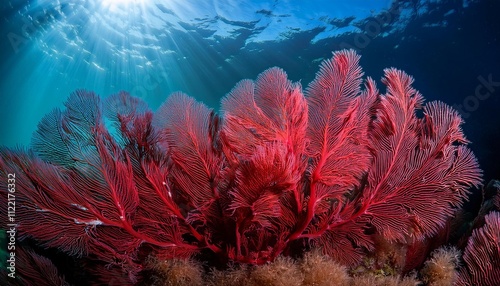 a close up view of vibrant red algae with delicate fronds showcasing the beauty and intricacy of underwater life the image evokes feelings of tranquility nature and the wonders of the ocean