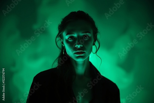 Mysterious Woman In Green Smoke: A woman with piercing blue eyes emerges from a swirling green fog, her expression enigmatic and captivating. Her dark silhouette, accentuated by the ethereal smoke. photo