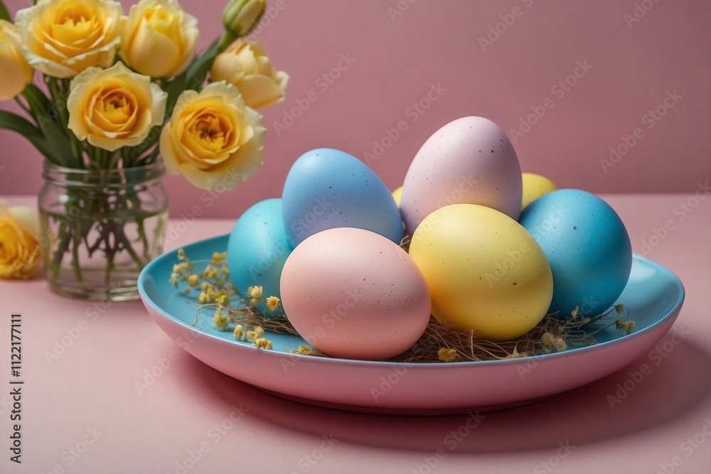 Plates of Easter Eggs on the Table: Pastel Pink, Yellow, and Blue Colors