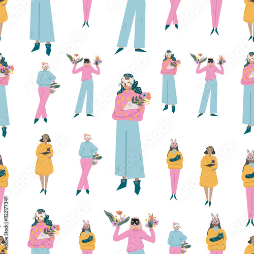 Seamles pattern. Cute girls are going to a costume party.  Flat illustration. Transparent background. Design placat, banner, card
