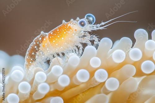 Tiny shrimp clinging to the tentacle of a sea anemone in a symbiotic underwater scene photo
