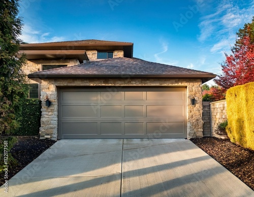 view of the garage door in an elegant suburban home