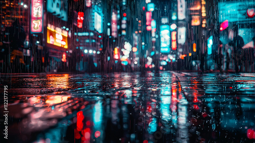 Neon city street at night with reflections on wet pavement and falling rain, showcasing vibrant lights and urban atmosphere photo