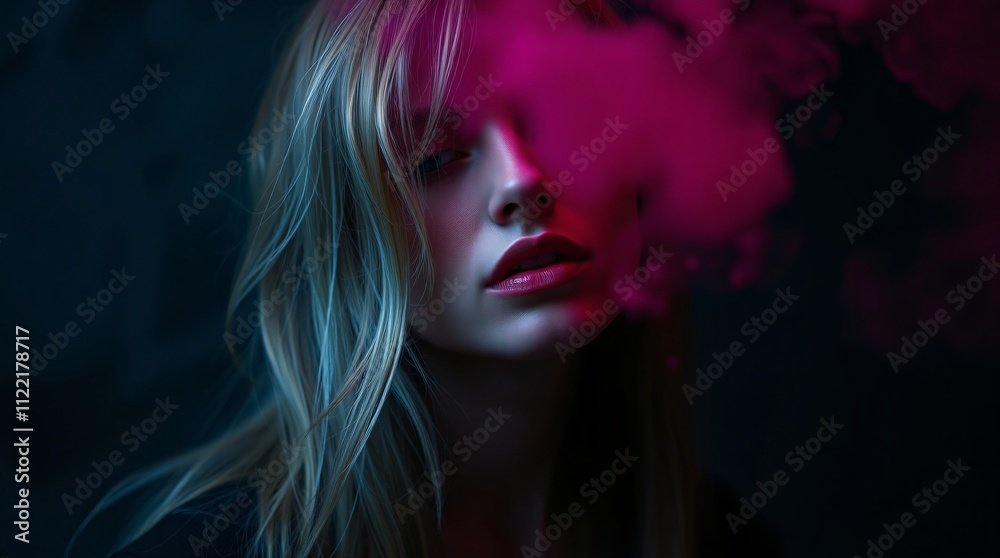 Naklejka premium Mysterious Vapor: A woman with long blonde hair, partially obscured by vibrant pink and blue smoke, creates a captivating and enigmatic portrait.