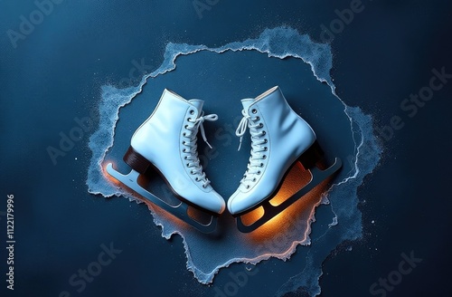 Two white figure skates on ice.