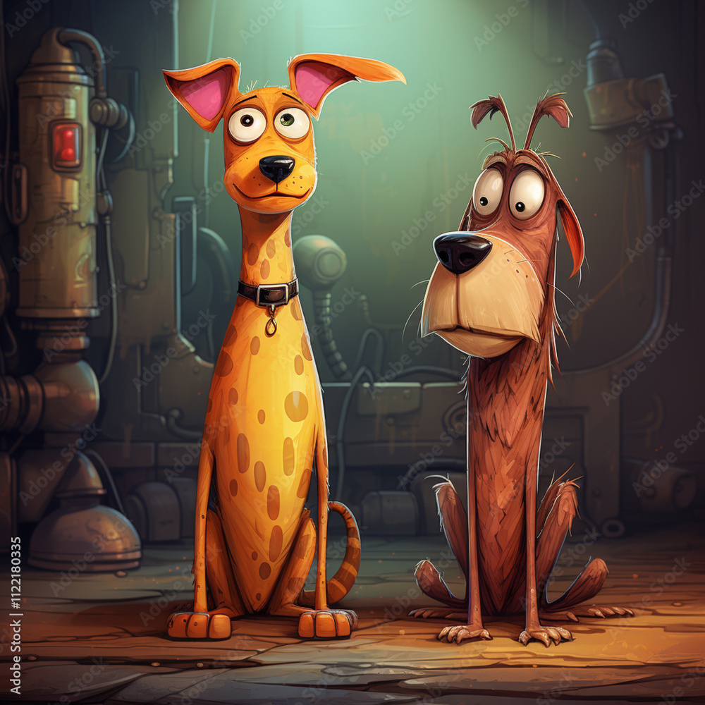 two funny dogs, cartoon style,.