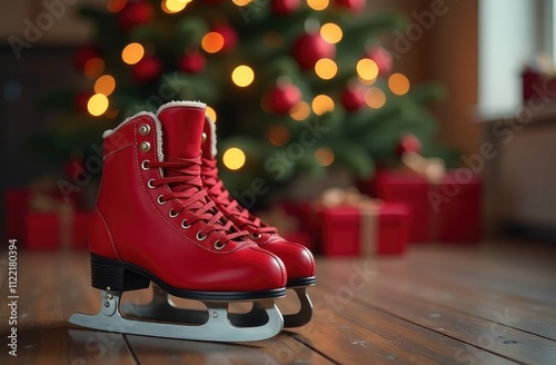 Red skates against a festive New Year background. Space for text, free space
