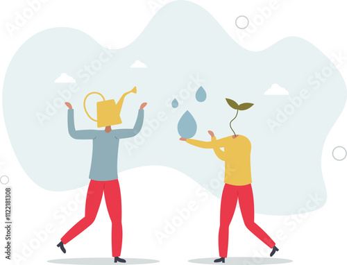 Mentor to help career growth, coaching or education for growth mindset, growing seedling plant,flat characters.