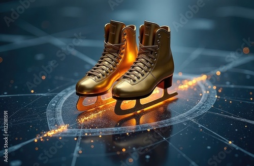 Two golden figure skates on ice.