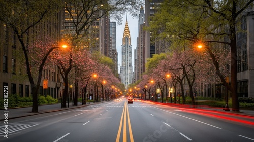 A serene urban street lined with cherry blossoms, showcasing the iconic skyscraper in the distance.